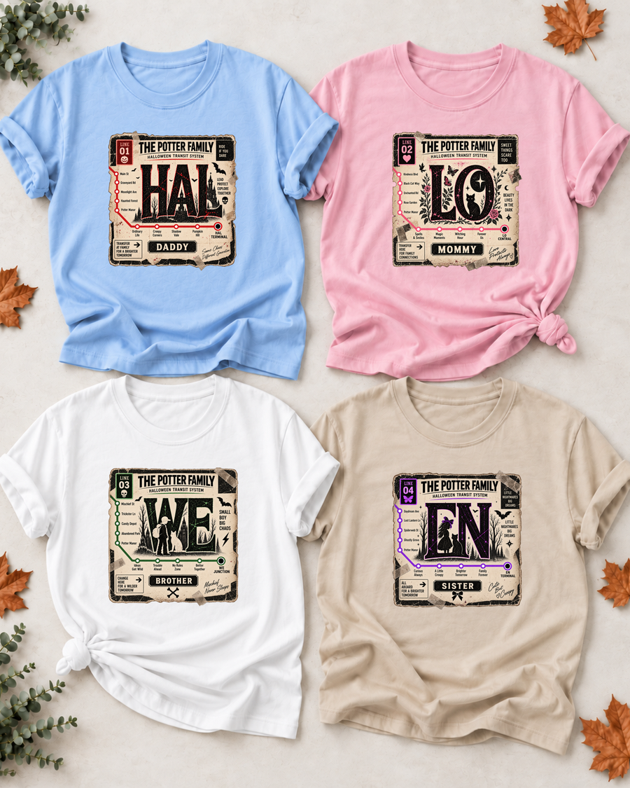 Family overview of Dad, Mom, Brother, and Sister wearing personalized haunted transit map HALLOWEEN shirts: Dad in Light Blue, Mom in Light Pink, Brother in White, Sister in Sand; the wordmark is split across the four roles.