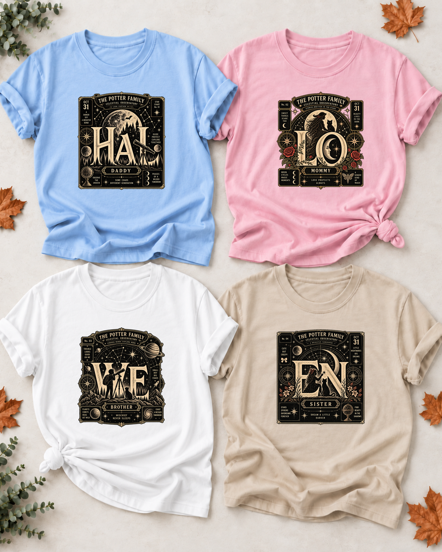 Family overview of Dad, Mom, Brother, and Sister wearing personalized celestial observatory HALLOWEEN shirts: Dad in Light Blue, Mom in Light Pink, Brother in White, Sister in Sand; the wordmark is split across the four roles.