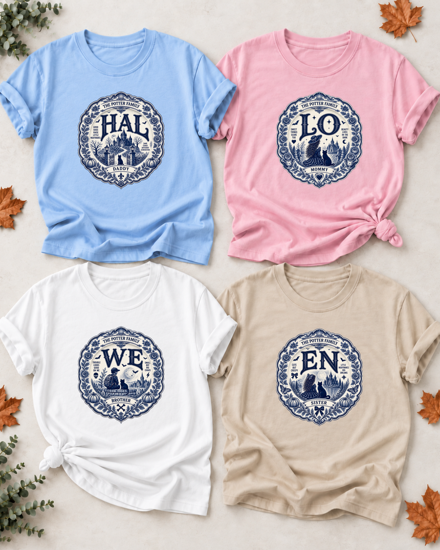Family overview of Dad, Mom, Brother, and Sister wearing personalized haunted transferware HALLOWEEN shirts: Dad in Light Blue, Mom in Light Pink, Brother in White, Sister in Sand; the wordmark is split across the four roles.