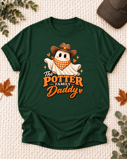 Daddy's Dark Green personalized Halloween shirt mockup with a ghost in a cowboy hat and gingham bandana, sample family lettering, and the role label.