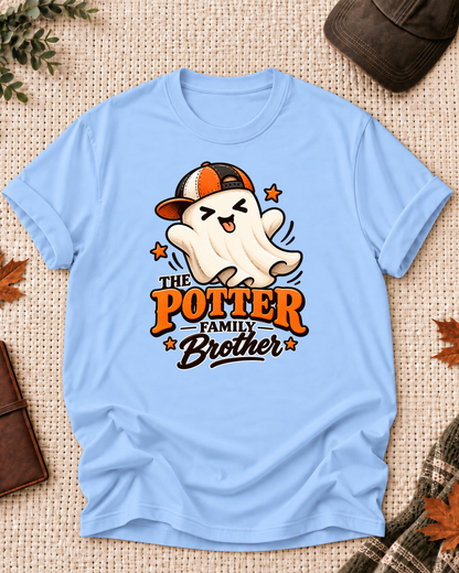 Brother's Light Blue personalized Halloween shirt mockup with a playful ghost in an orange cap with star accents, sample family lettering, and the role label.