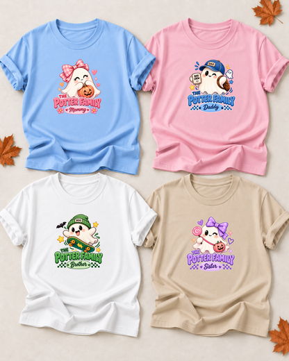 Family overview of four personalized Halloween ghost shirts: Dad in Light Pink, Mom in Light Blue, Brother in White, and Sister in Sand; each has a role-specific design with colorful ghost characters with pumpkins, candy, a skateboard, and role-specific color accents.