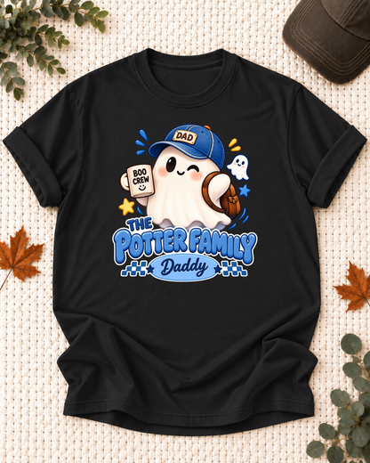 Daddy's Black personalized Halloween shirt mockup with a ghost with a blue cap, mug, and bag, sample family lettering, and the role label.