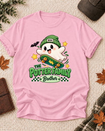 Brother's Light Pink personalized Halloween shirt mockup with a ghost in a green beanie with a skateboard and bat, sample family lettering, and the role label.