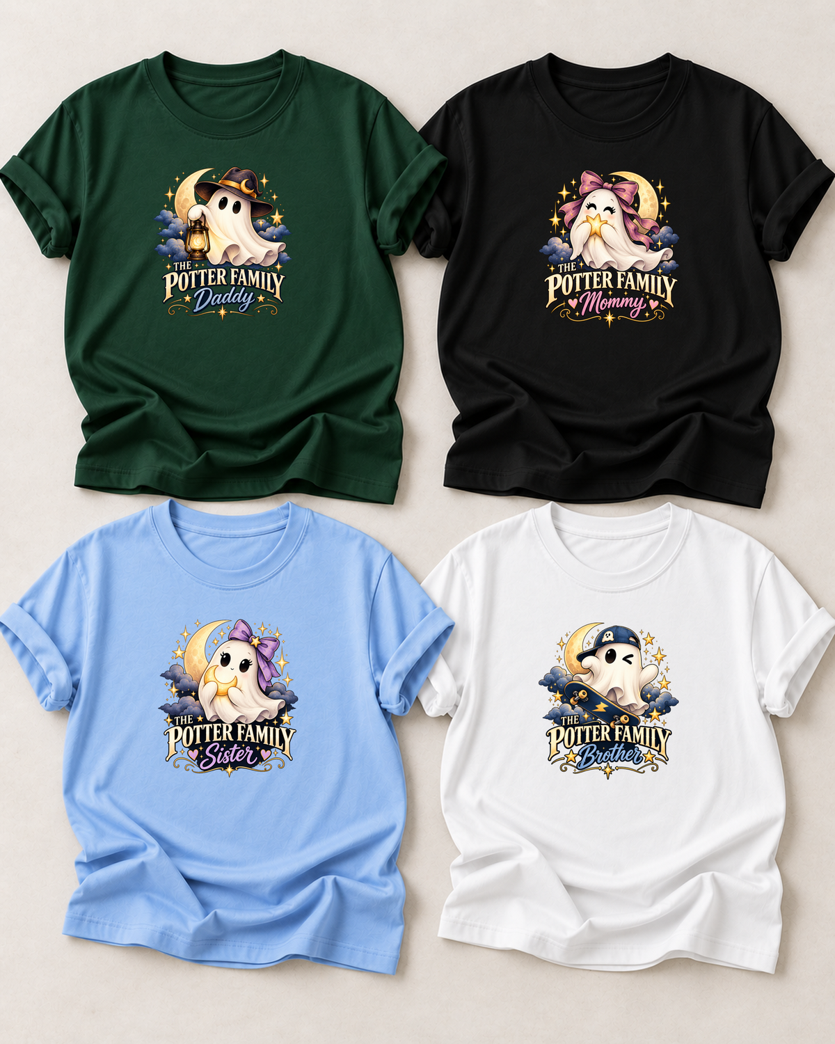 Family overview of four personalized Halloween ghost shirts: Dad in Dark Green, Mom in Black, Brother in White, and Sister in Light Blue; each has a role-specific design with moonlit ghost characters with clouds, stars, and celestial Halloween accents.