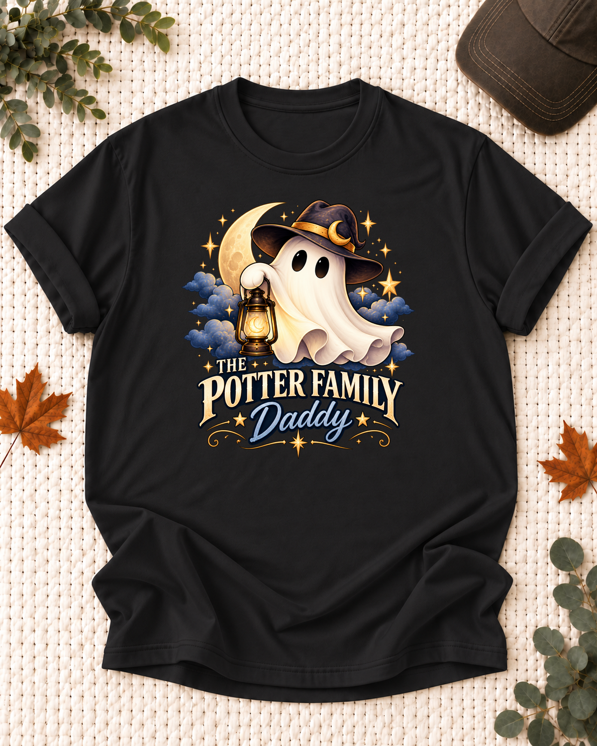 Daddy's Black personalized Halloween shirt mockup with a ghost in a witch hat carrying a lantern, sample family lettering, and the role label.