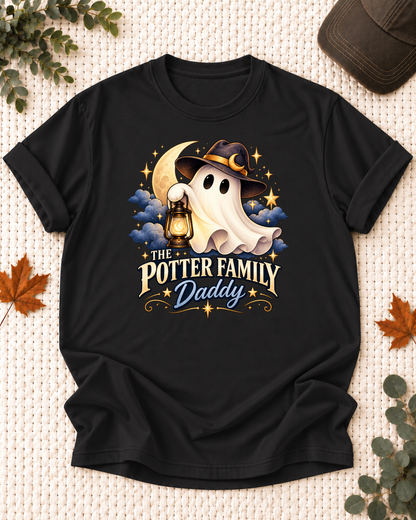 Daddy's Black personalized Halloween shirt mockup with a ghost in a witch hat carrying a lantern, sample family lettering, and the role label.