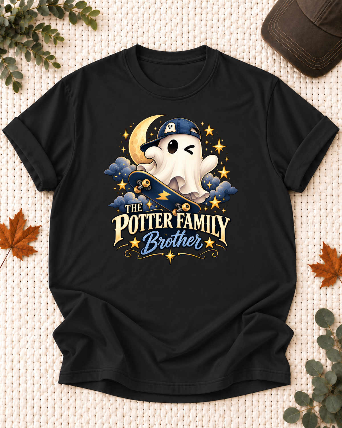 Brother's Black personalized Halloween shirt mockup with a ghost in a blue cap with a skateboard and stars, sample family lettering, and the role label.