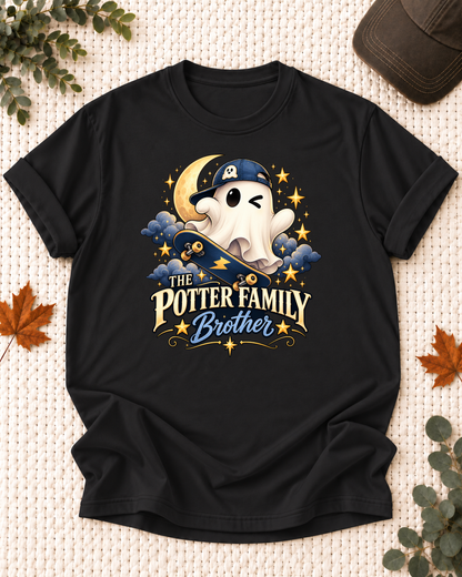 Brother's Black personalized Halloween shirt mockup with a ghost in a blue cap with a skateboard and stars, sample family lettering, and the role label.