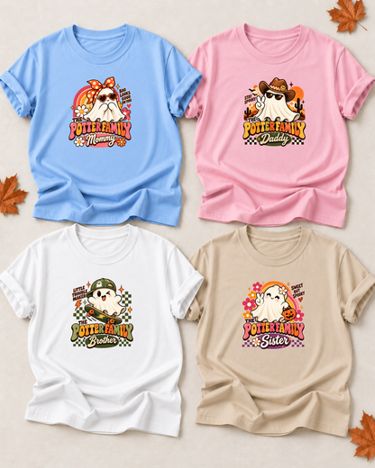 Family overview of four personalized Halloween ghost shirts: Dad in Light Pink, Mom in Light Blue, Brother in White, and Sister in Sand; each has a role-specific design with retro groovy ghost characters with rainbow, checkerboard, desert, and skate-inspired accents.