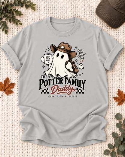 Daddy's Ash Grey personalized Halloween shirt mockup with a line-art ghost in a cowboy hat holding a mug, sample family lettering, and the role label.