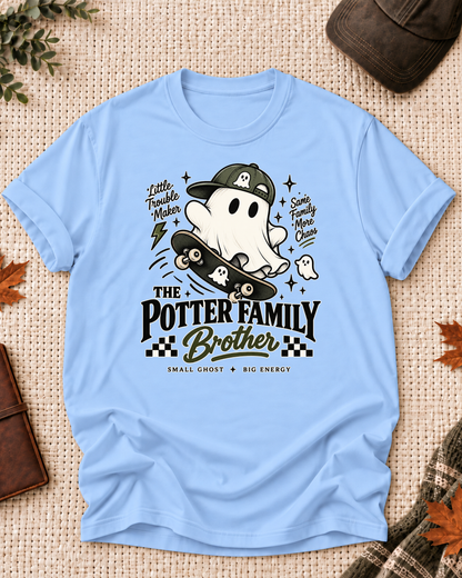 Brother's Light Blue personalized Halloween shirt mockup with a line-art ghost in a cap with a skateboard, sample family lettering, and the role label.