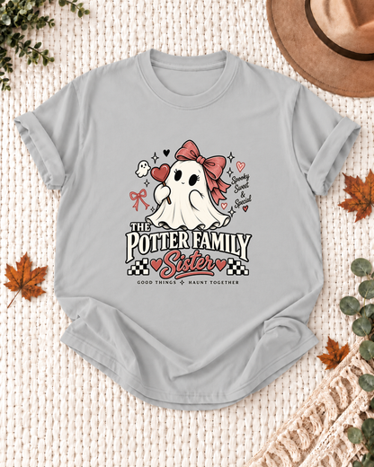 Sister's Ash Grey personalized Halloween shirt mockup with a line-art ghost with a bow, hearts, and small ghost accents, sample family lettering, and the role label.