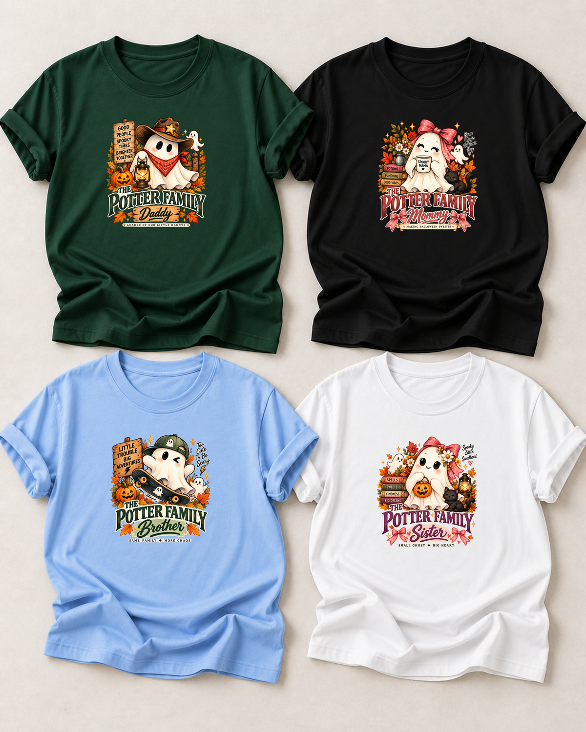 Family overview of four personalized Halloween ghost shirts: Dad in Dark Green, Mom in Black, Brother in Light Blue, and Sister in White; each has a role-specific design with friendly ghost characters surrounded by autumn leaves, pumpkins, signs, and seasonal accents.