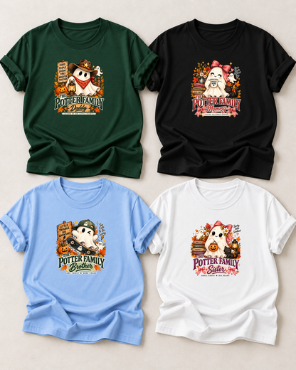 Family overview of four personalized Halloween ghost shirts: Dad in Dark Green, Mom in Black, Brother in Light Blue, and Sister in White; each has a role-specific design with friendly ghost characters surrounded by autumn leaves, pumpkins, signs, and seasonal accents.
