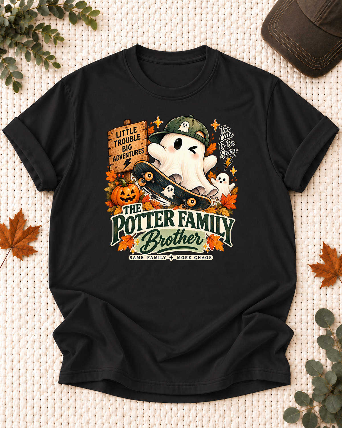Brother's Black personalized Halloween shirt mockup with a ghost in a green cap with a skateboard and pumpkins, sample family lettering, and the role label.