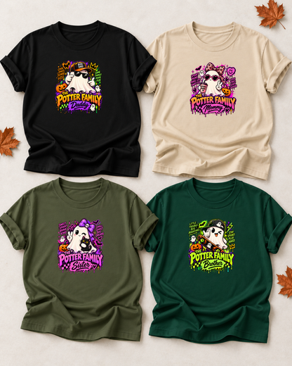 Family overview of four personalized Halloween ghost shirts: Dad in Black, Mom in Sand, Brother in Dark Green, and Sister in Olive; each has a role-specific design with bright neon ghost characters, drippy graffiti-style lettering, pumpkins, and playful spooky graphics.