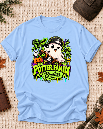 Brother's Light Blue personalized Halloween shirt mockup with a ghost in a cap with a skateboard and neon green lettering, sample family lettering, and the role label.