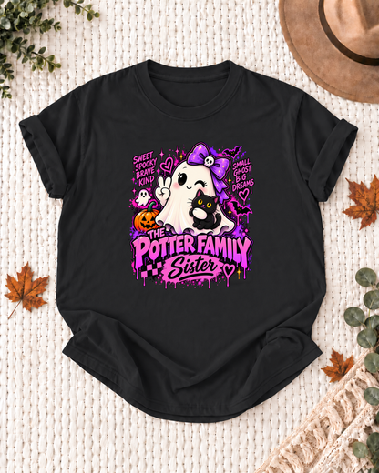 Sister's Black personalized Halloween shirt mockup with a ghost with a purple bow, black cat, pumpkin, and pink accents, sample family lettering, and the role label.