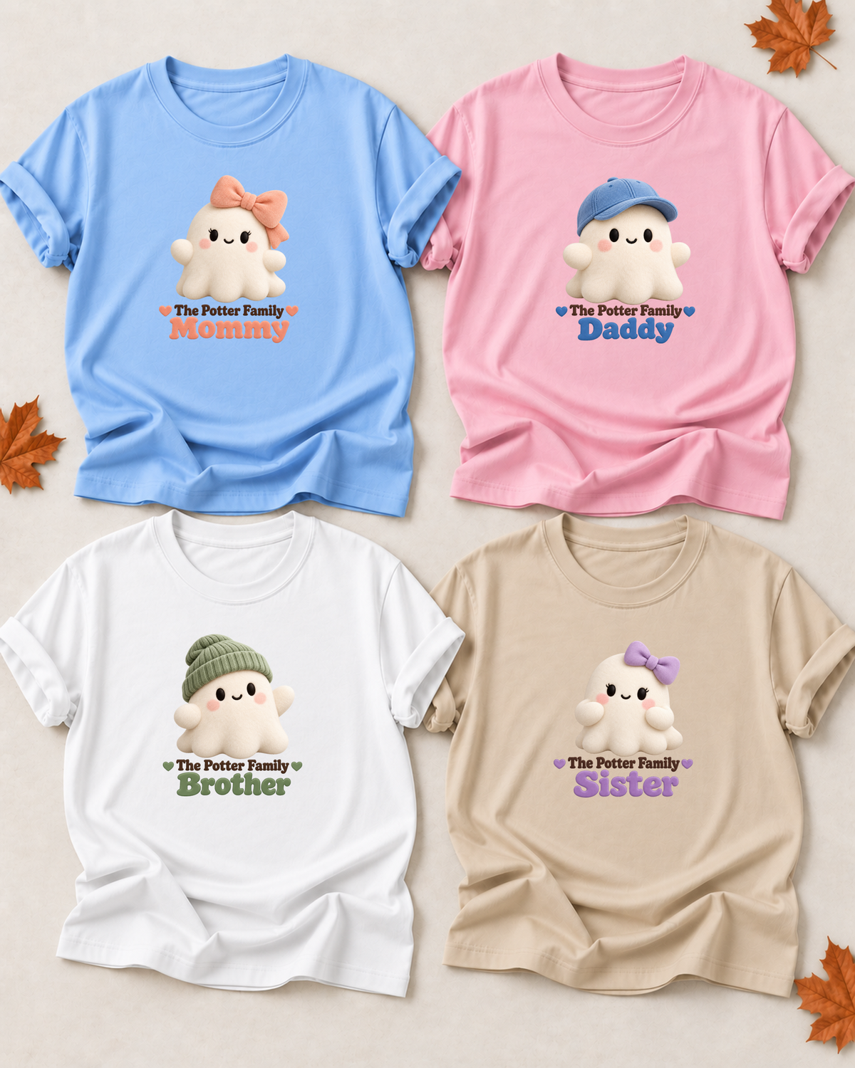 Family overview of four personalized Halloween ghost shirts: Dad in Light Pink, Mom in Light Blue, Brother in White, and Sister in Sand; each has a role-specific design with soft rounded ghost character artwork with pastel bows, caps, beanies, and color-coded role lettering.
