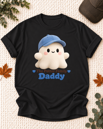 Daddy's Black personalized Halloween shirt mockup with a soft rounded ghost with a blue cap, sample family lettering, and the role label.