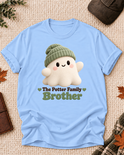 Brother's Light Blue personalized Halloween shirt mockup with a soft rounded ghost with a green beanie, sample family lettering, and the role label.