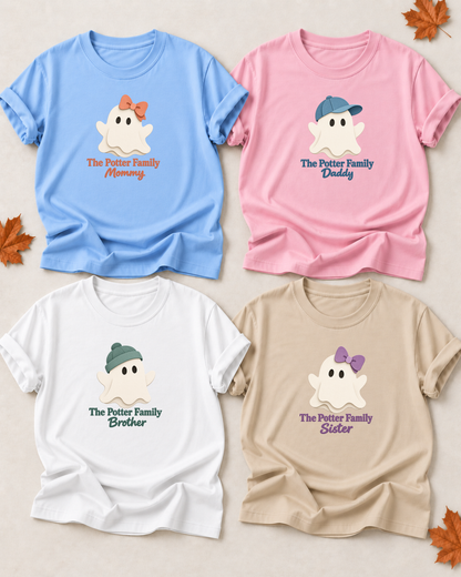 Family overview of four personalized Halloween ghost shirts: Dad in Light Pink, Mom in Light Blue, Brother in White, and Sister in Sand; each has a role-specific design with minimal cream ghost icons, simple bows and hats, and clean color-coded family lettering.