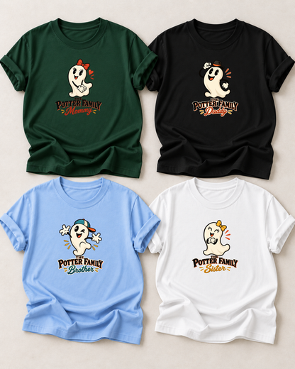 Family overview of four personalized Halloween ghost shirts: Dad in Black, Mom in Dark Green, Brother in Light Blue, and Sister in White; each has a role-specific design with cartoon ghost characters with bold outlines, warm accent lines, and simple role typography.