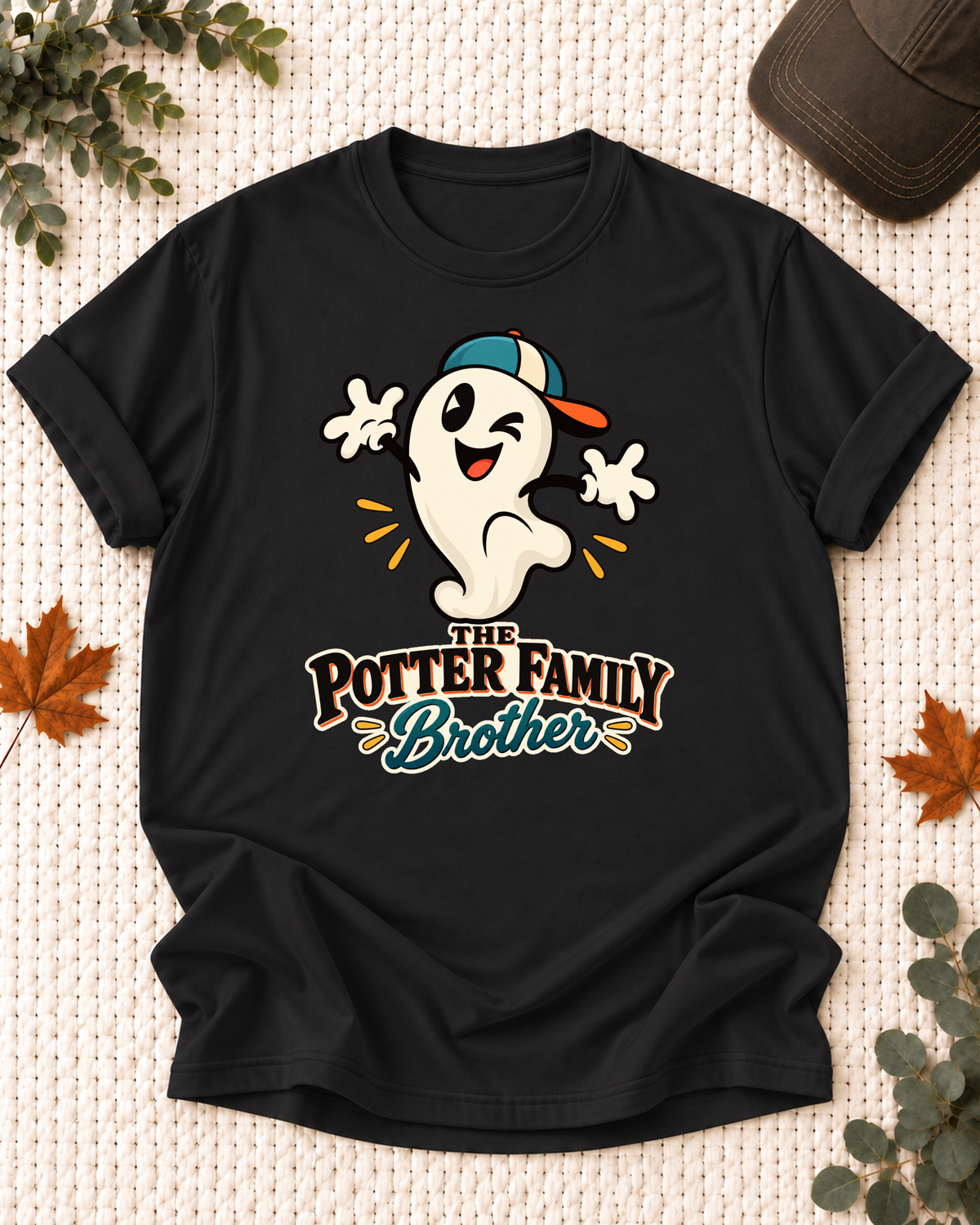 Brother's Black personalized Halloween shirt mockup with a cartoon ghost in a teal-and-orange cap, sample family lettering, and the role label.