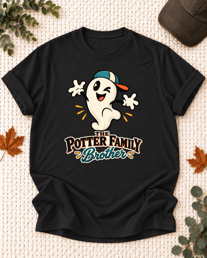Brother's Black personalized Halloween shirt mockup with a cartoon ghost in a teal-and-orange cap, sample family lettering, and the role label.