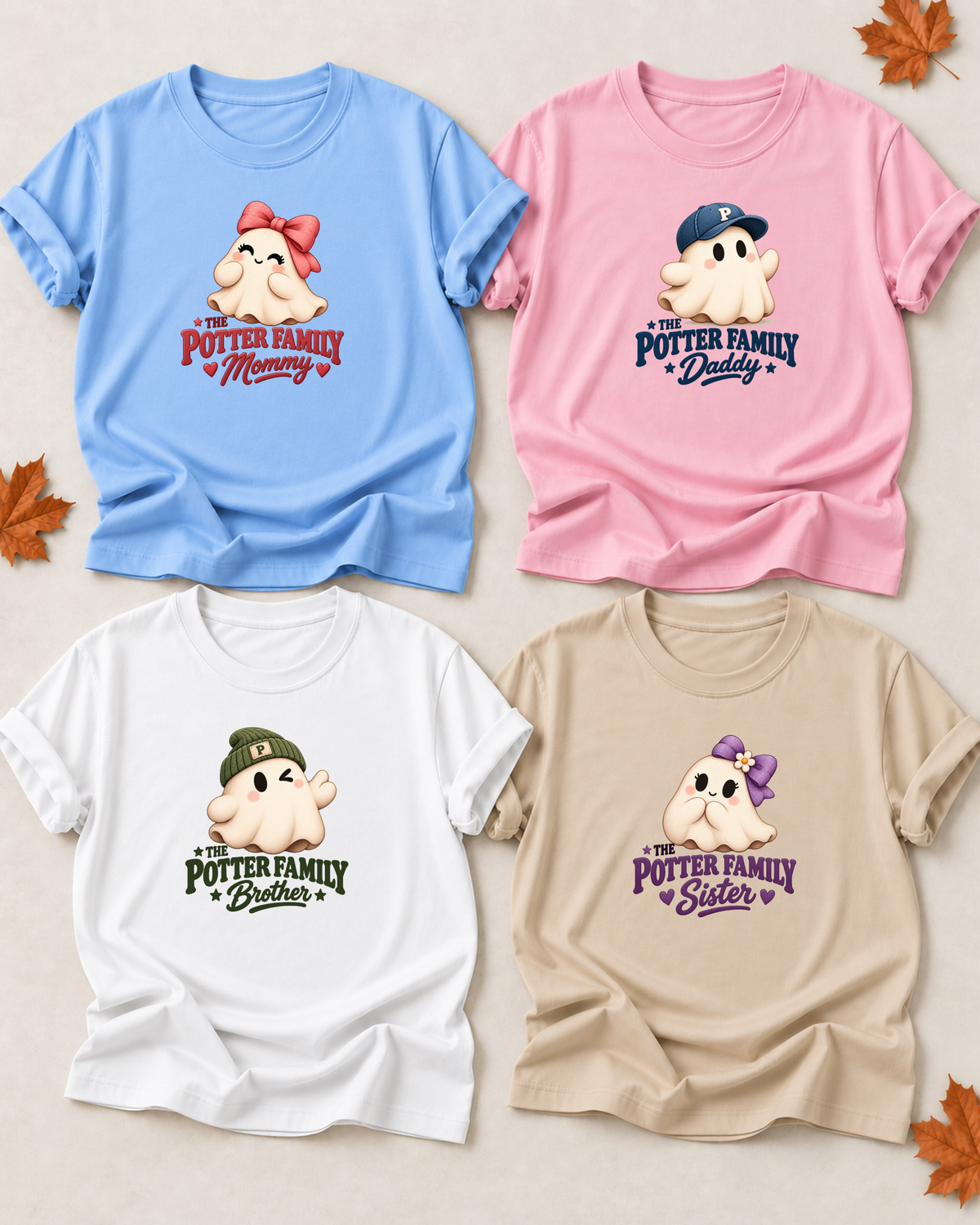 Family overview of four personalized Halloween ghost shirts: Dad in Light Pink, Mom in Light Blue, Brother in White, and Sister in Sand; each has a role-specific design with rounded ghost character artwork with bows, caps, beanies, and large color-coded role lettering.