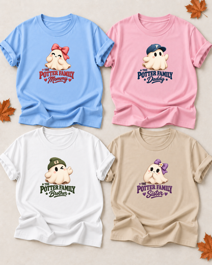 Family overview of four personalized Halloween ghost shirts: Dad in Light Pink, Mom in Light Blue, Brother in White, and Sister in Sand; each has a role-specific design with rounded ghost character artwork with bows, caps, beanies, and large color-coded role lettering.