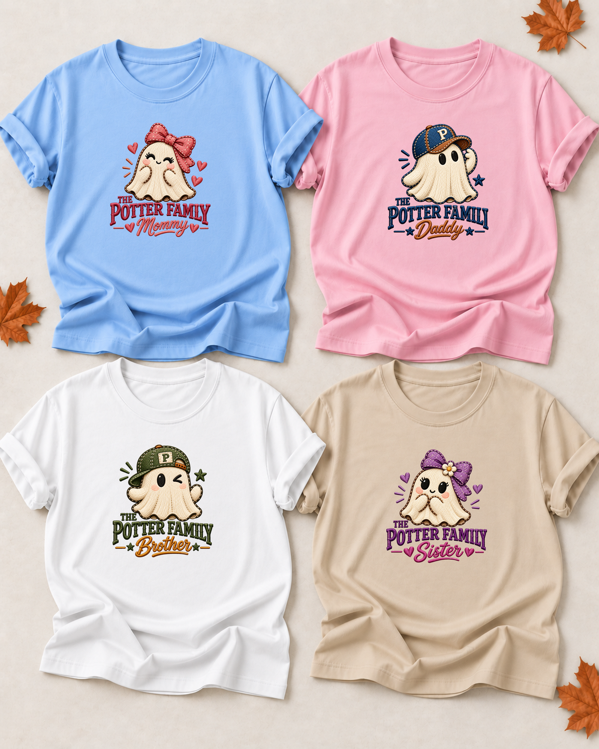 Family overview of four personalized Halloween ghost shirts: Dad in Light Pink, Mom in Light Blue, Brother in White, and Sister in Sand; each has a role-specific design with ghost character artwork with stitched-look outlines, caps and bows, and textured role lettering.