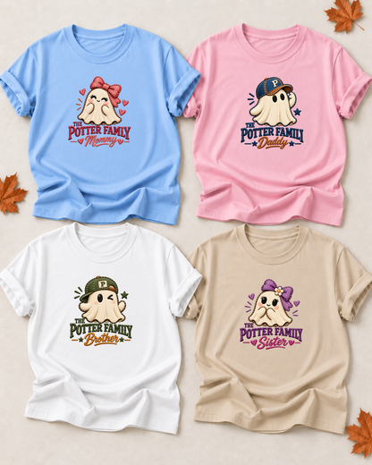 Family overview of four personalized Halloween ghost shirts: Dad in Light Pink, Mom in Light Blue, Brother in White, and Sister in Sand; each has a role-specific design with ghost character artwork with stitched-look outlines, caps and bows, and textured role lettering.