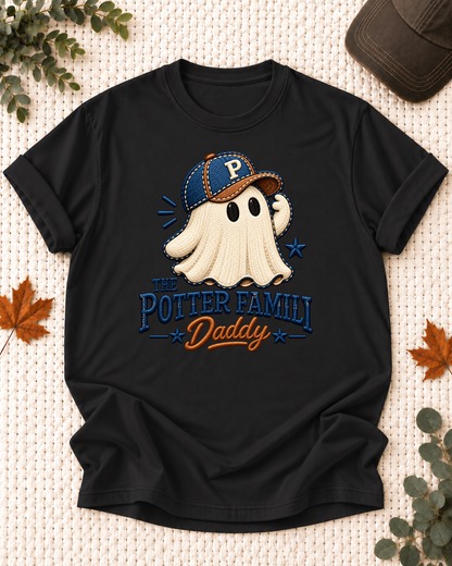 Daddy's Black personalized Halloween shirt mockup with a stitched-look ghost with a blue cap and orange role lettering, sample family lettering, and the role label.