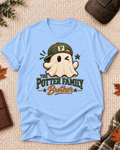 Brother's Light Blue personalized Halloween shirt mockup with a stitched-look ghost with an olive cap and star accents, sample family lettering, and the role label.