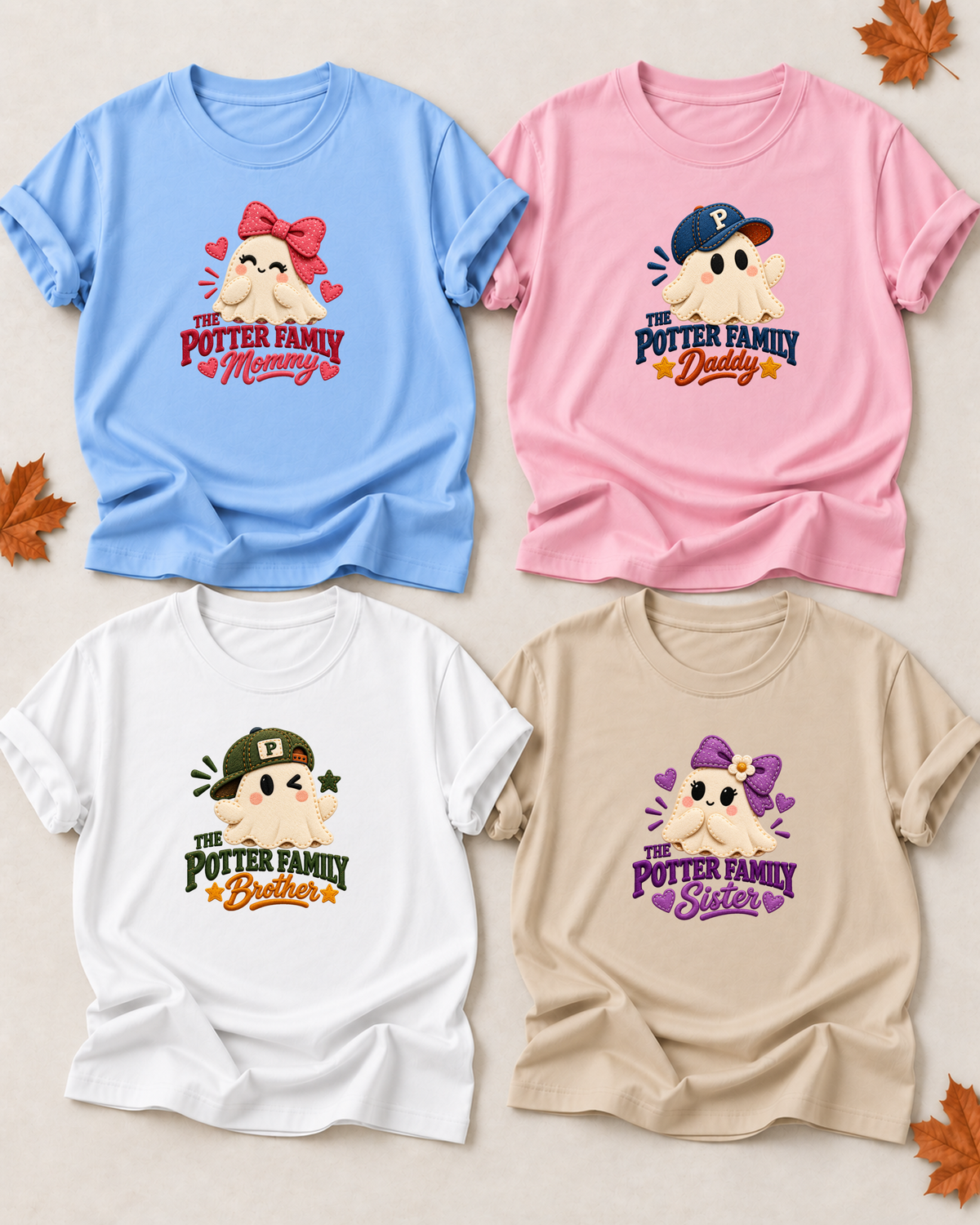 Family overview of four personalized Halloween ghost shirts: Dad in Light Pink, Mom in Light Blue, Brother in White, and Sister in Sand; each has a role-specific design with patchwork and fabric-look ghost character artwork with seam-like details and large role lettering.