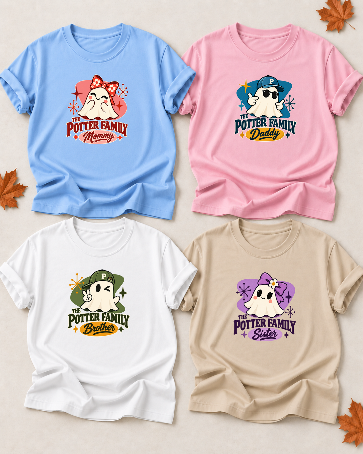 Family overview of four personalized Halloween ghost shirts: Dad in Light Pink, Mom in Light Blue, Brother in White, and Sister in Sand; each has a role-specific design with mid-century ghost characters with atomic starbursts, abstract color fields, and retro role typography.