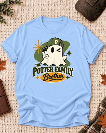 Brother's Light Blue personalized Halloween shirt mockup with a mid-century ghost with an olive cap, green field, and starbursts, sample family lettering, and the role label.