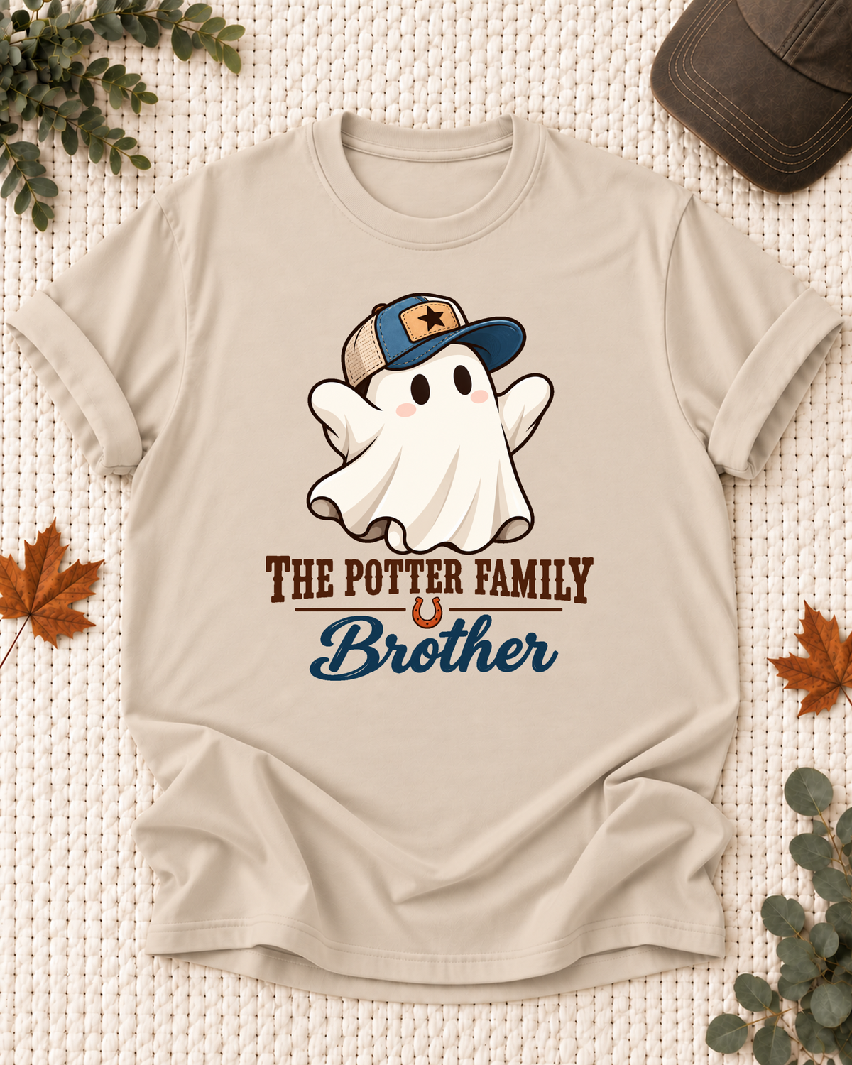 Brother's Sand personalized Halloween shirt mockup with a ghost in a trucker cap with western details, sample family lettering, and the role label.