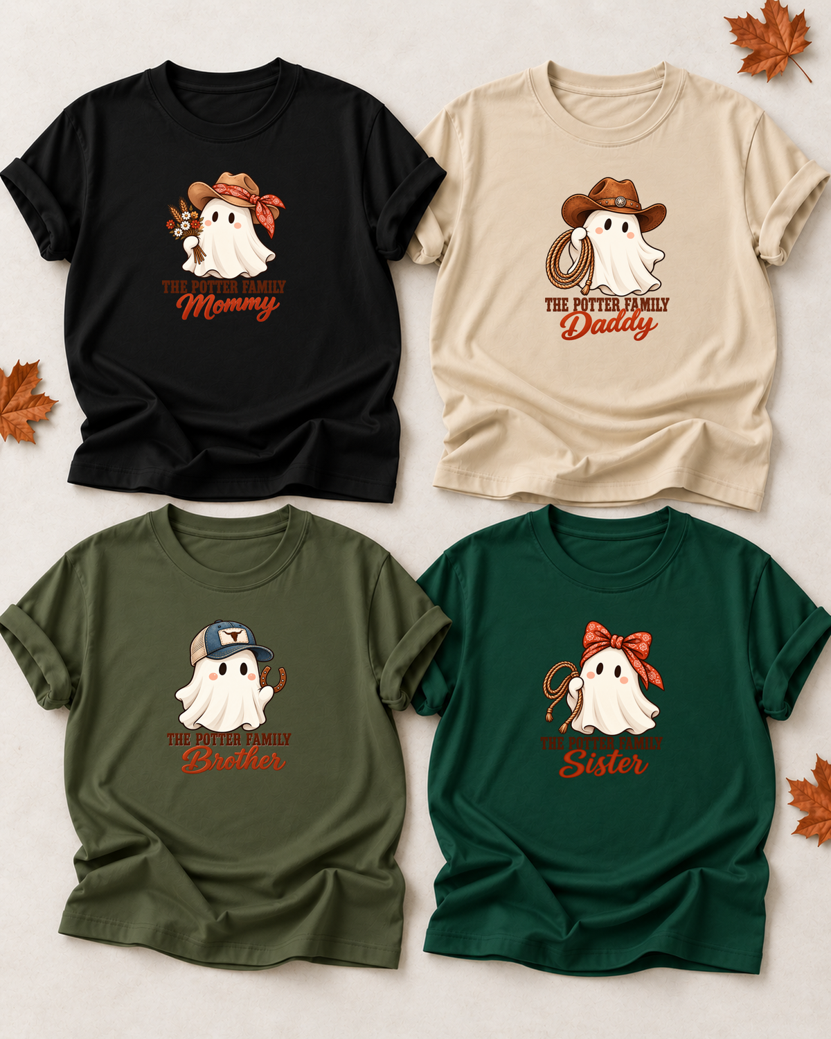 Family overview of four personalized Halloween ghost shirts: Dad in Sand, Mom in Black, Brother in Olive, and Sister in Dark Green; each has a role-specific design with rodeo and ranch ghost characters with lasso, cowboy hats, and country accessories.