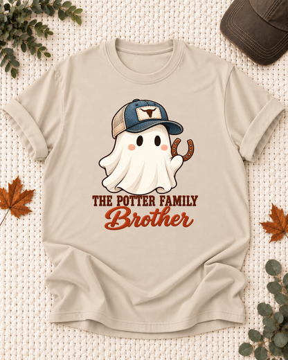 Brother's Sand personalized Halloween shirt mockup with a playful rodeo ghost with ranch accents, sample family lettering, and the role label.