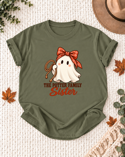 Sister's Olive personalized Halloween shirt mockup with a rodeo ghost with country-themed details, sample family lettering, and the role label.
