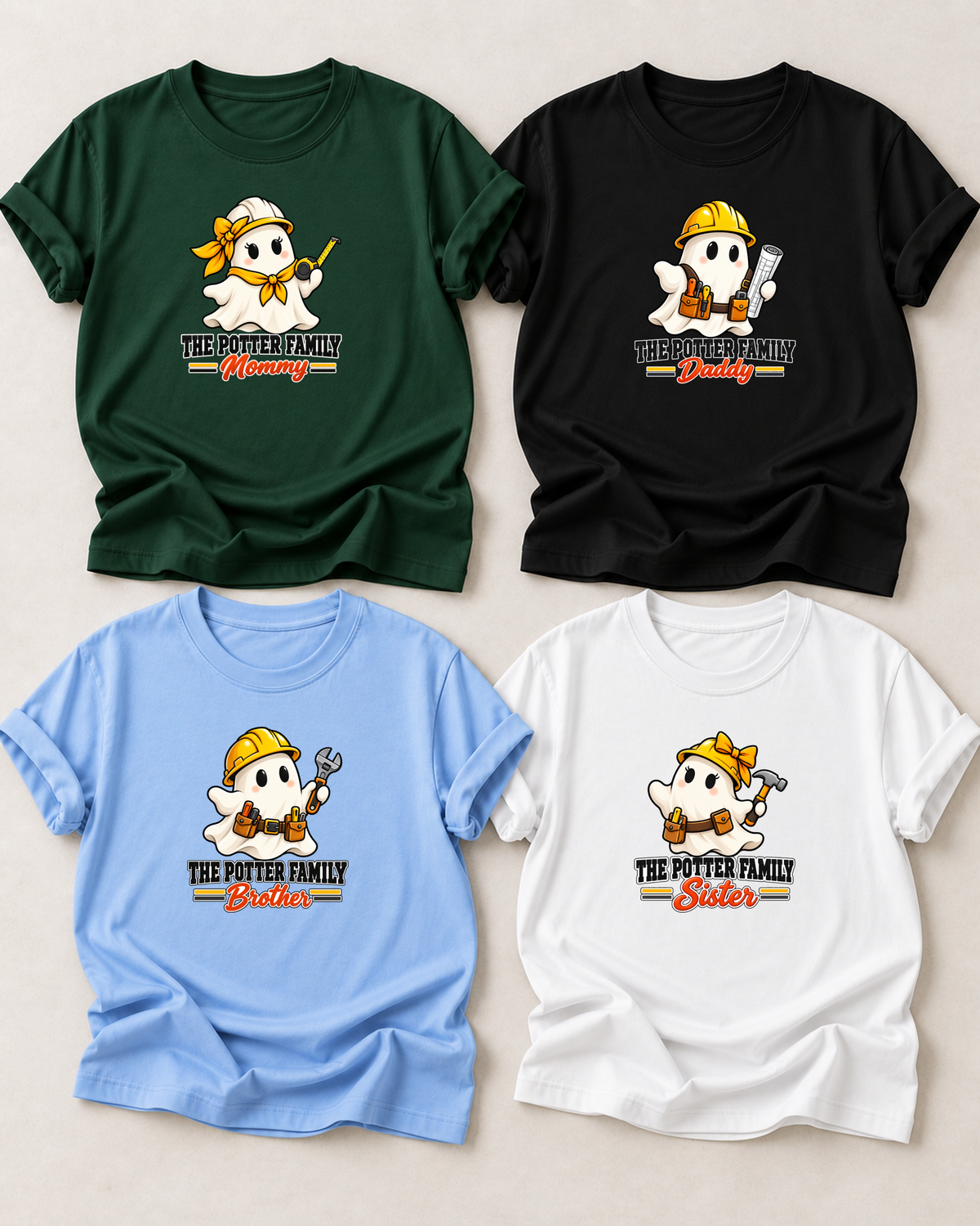 Family overview of four personalized Halloween ghost shirts: Dad in Black, Mom in Dark Green, Brother in Light Blue, and Sister in White; each has a role-specific design with construction-themed ghost characters with hard hats and hand tools.