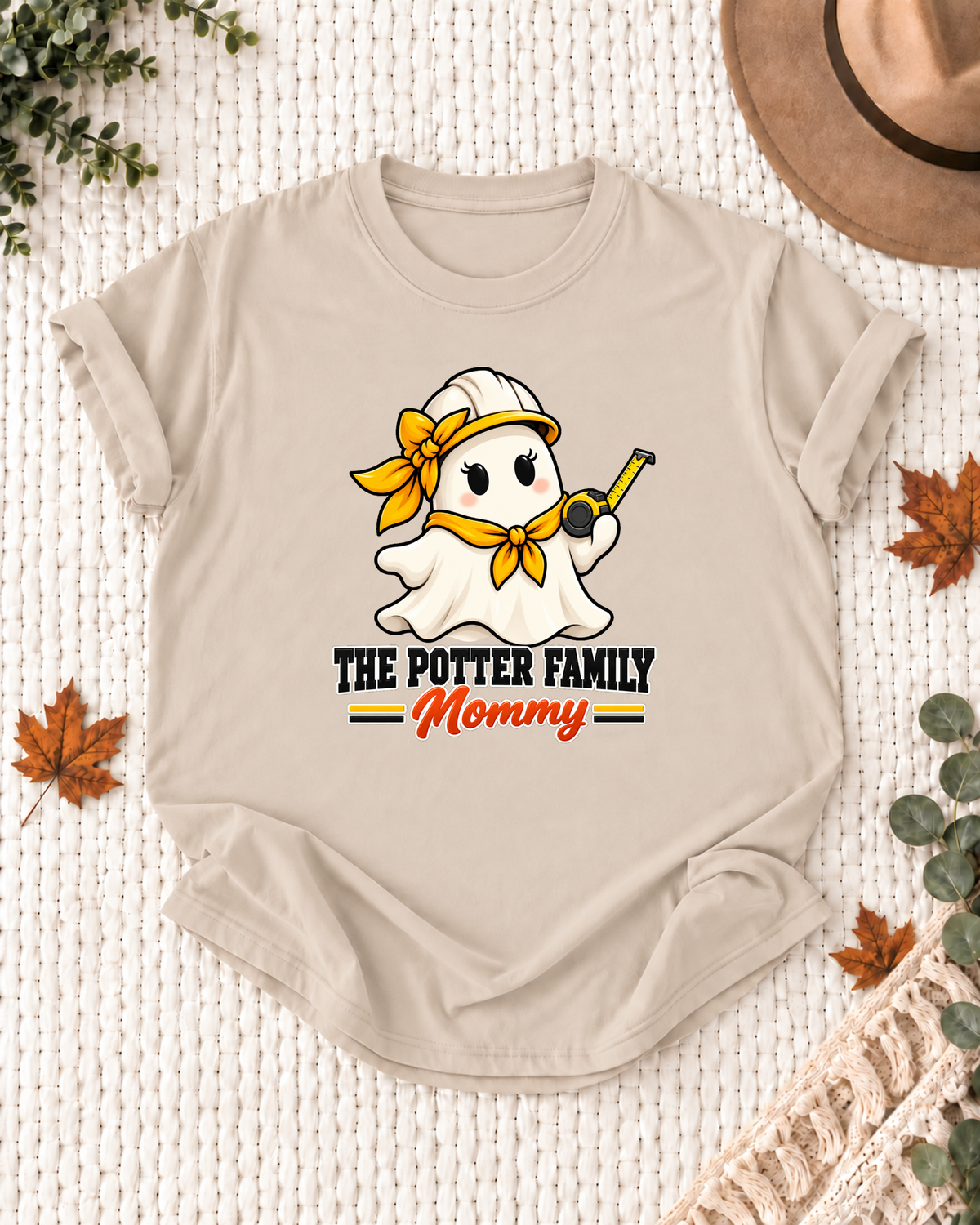 Mommy's Sand personalized Halloween shirt mockup with a construction ghost with a hard hat and tools, sample family lettering, and the role label.