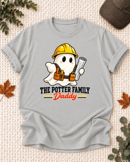 Daddy's Ash Grey personalized Halloween shirt mockup with a construction ghost with a hard hat and work tools, sample family lettering, and the role label.