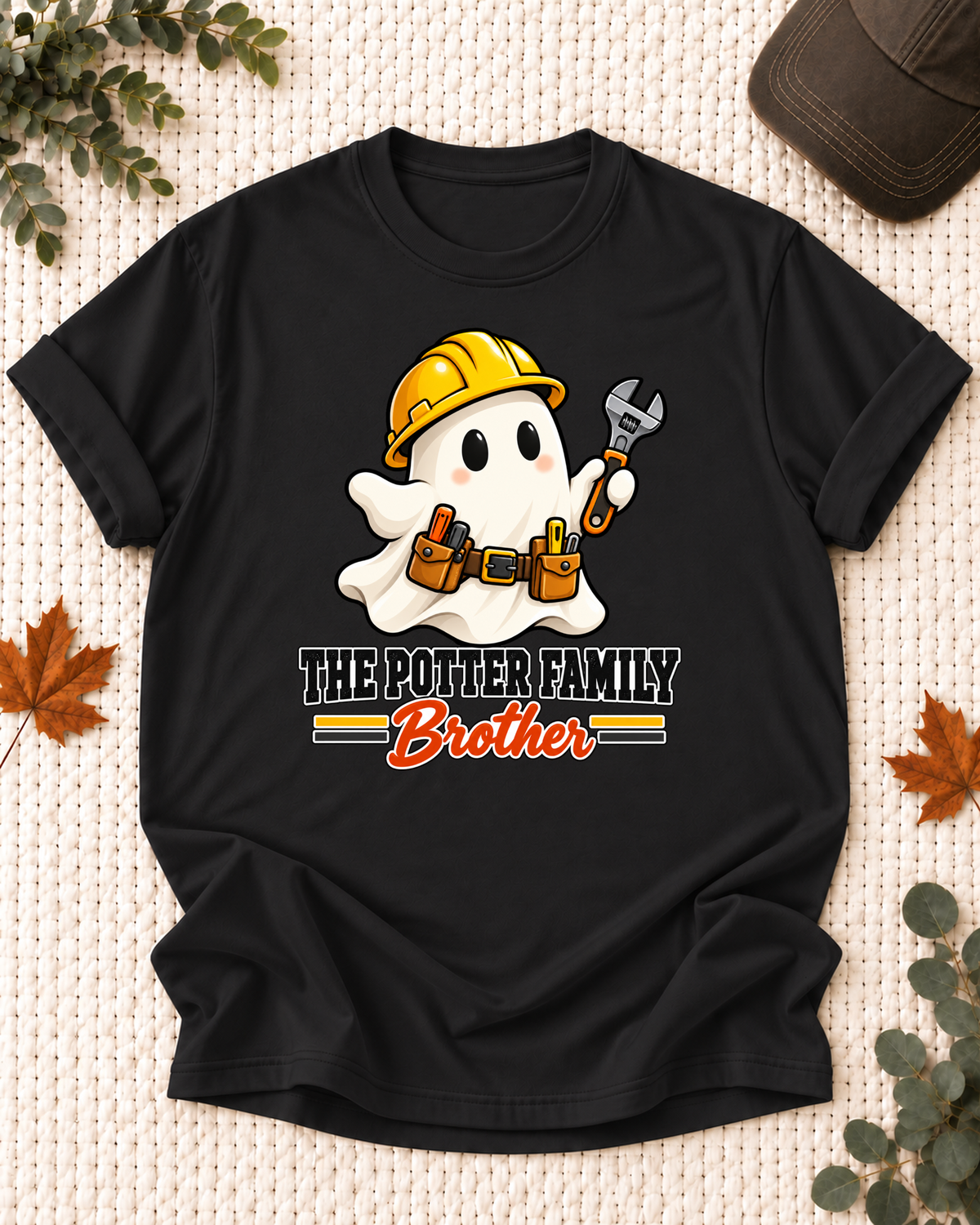 Brother's Black personalized Halloween shirt mockup with a construction ghost with a hard hat and tool accents, sample family lettering, and the role label.