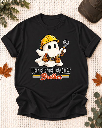 Brother's Black personalized Halloween shirt mockup with a construction ghost with a hard hat and tool accents, sample family lettering, and the role label.