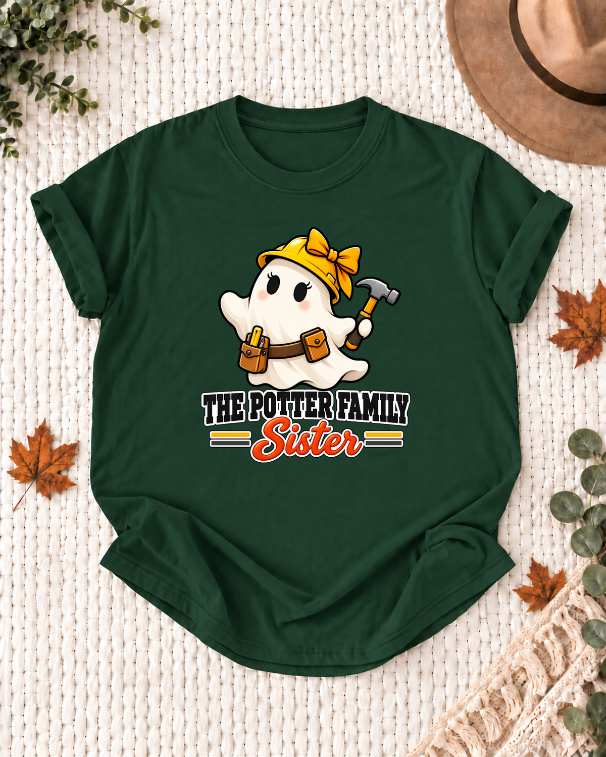 Sister's Dark Green personalized Halloween shirt mockup with a construction ghost with a hard hat and building details, sample family lettering, and the role label.