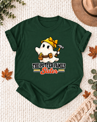 Sister's Dark Green personalized Halloween shirt mockup with a construction ghost with a hard hat and building details, sample family lettering, and the role label.
